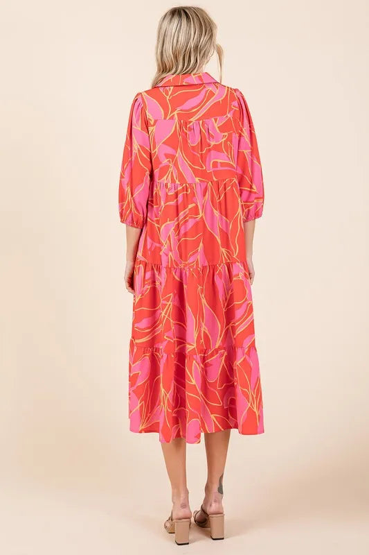 Elegant Tiered Printed Midi Dress With Collared Neckline For Work & Leisure