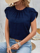 Slightly Stretchy Round Neck Ruched Petal Sleeve Top - 95% Polyester, 5% Spandex - Store 42