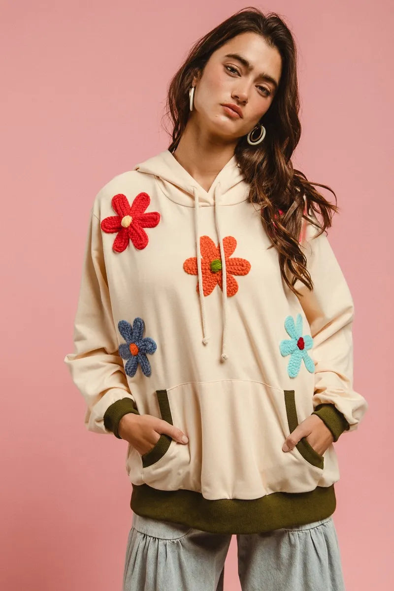 Trendy BiBi Patched Hoodie Top with Pockets and Drawstring - 100% Cotton Casual Wear