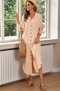Button Front Textured Slit Shirt Dress Light Yellow