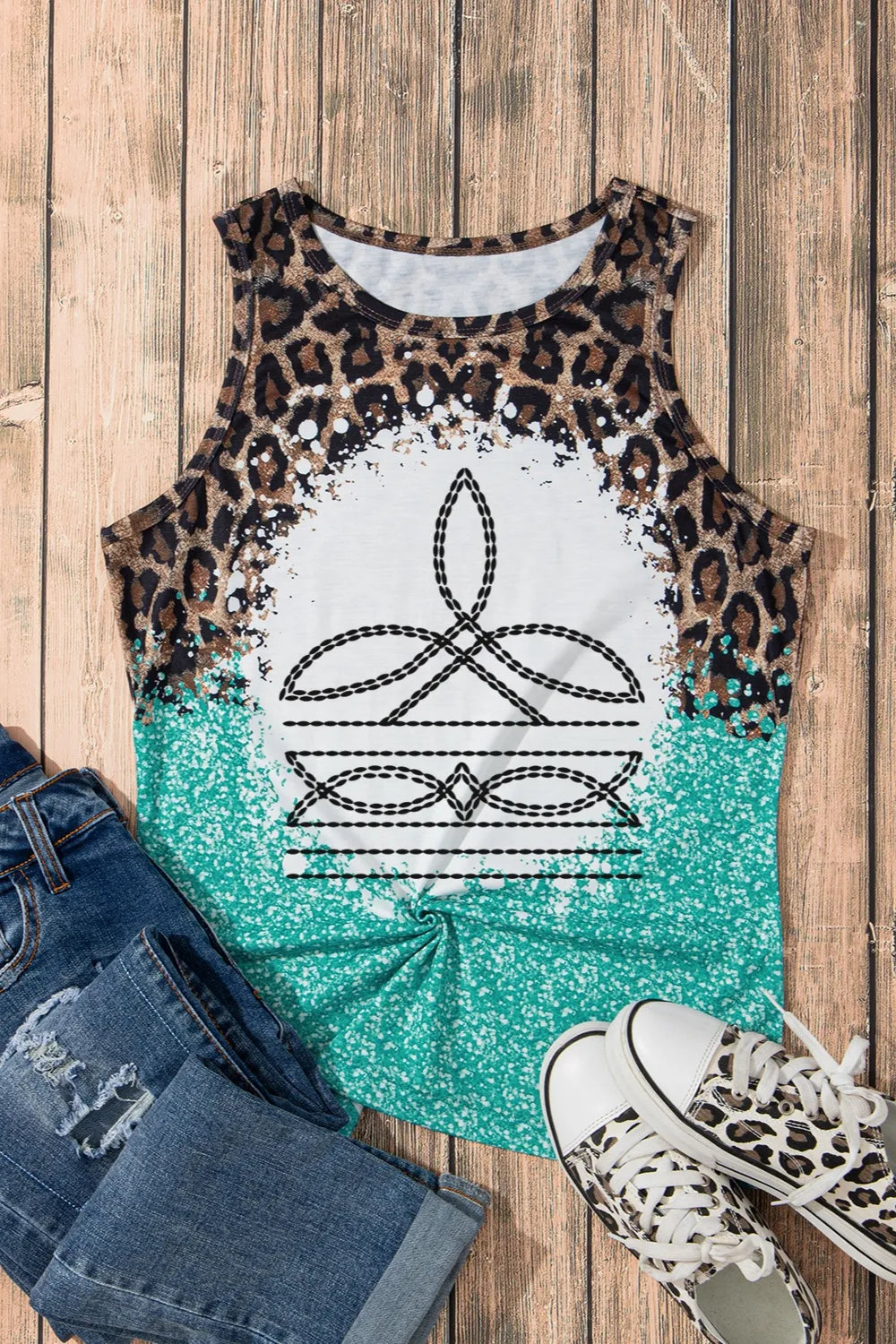 Leopard Print Geometric Round Neck Tank Top - Opaque, Slightly Stretchy, Stylish Design