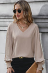 Perfee V-Neck Blouse with Pleated Lantern Sleeves, Opaque 100% Polyester, Smocked Detail - Store 42