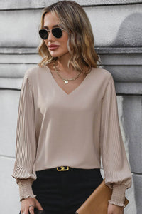 Perfee V-Neck Blouse with Pleated Lantern Sleeves, Opaque 100% Polyester, Smocked Detail - Store 42