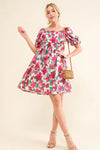 And The Why Smocked Floral Ruffle Short Sleeve Mini Dress Fuchsia