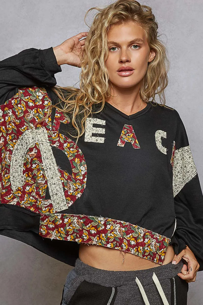 Trendy POL Floral Peace Patch Long Sleeve Hoodie in Oversized V-Neck Style