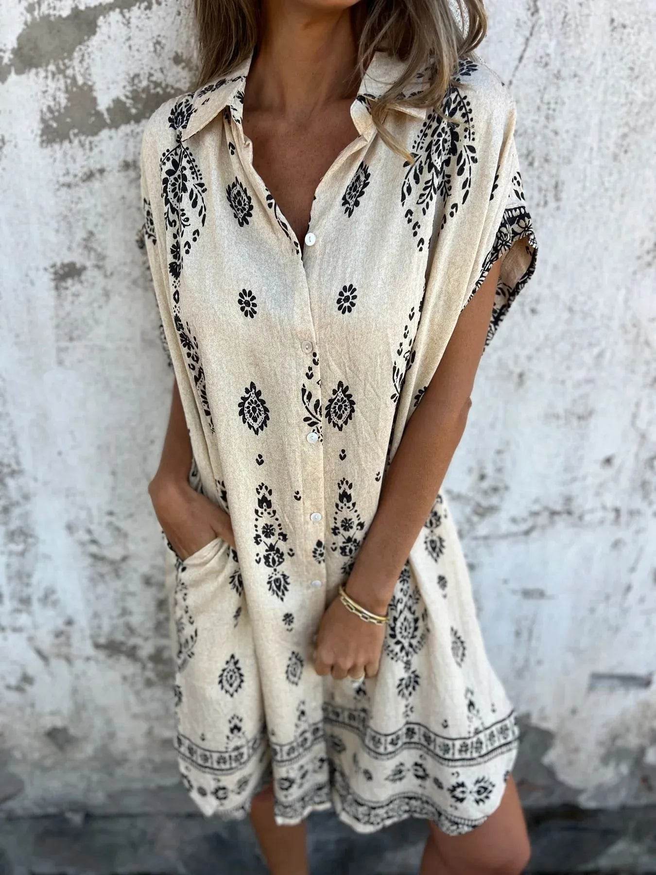 Full Size Printed Short Sleeve Button-Up Shirt Dress Plus Size - Store 42