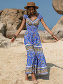 Printed V-Neck Cap Sleeve Midi Dress