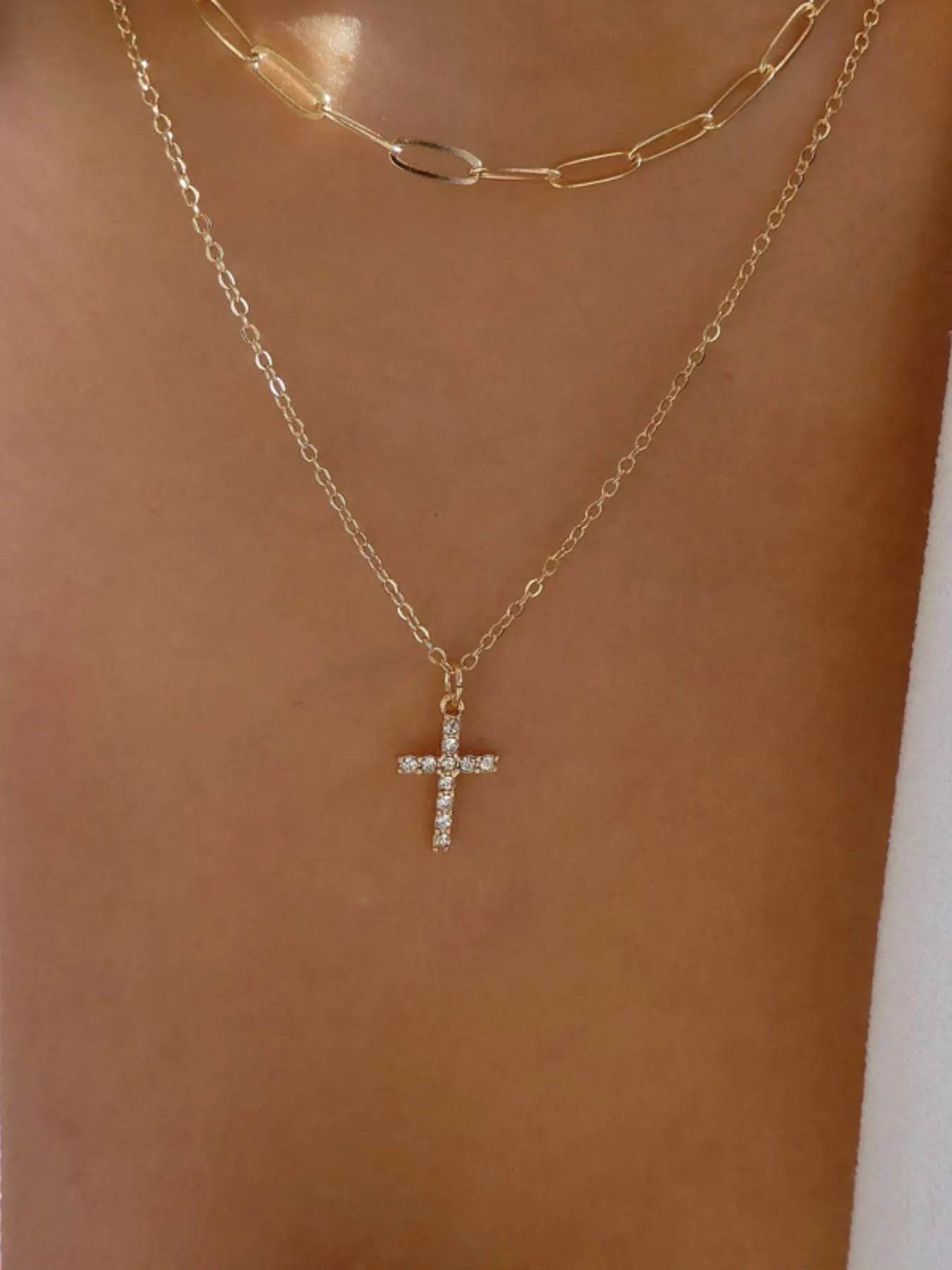 Double Layered Inlaid Zircon Cross Pendant Necklace