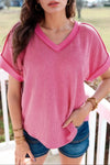 Trendy Solid V-Neck Short Sleeve T-Shirt - Stretchy Fabric, 75% Polyester, Sizes S-XL - Store 42