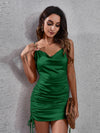 Side Drawstring Ruched Cowl Neck Mini Cami Dress Dark Green