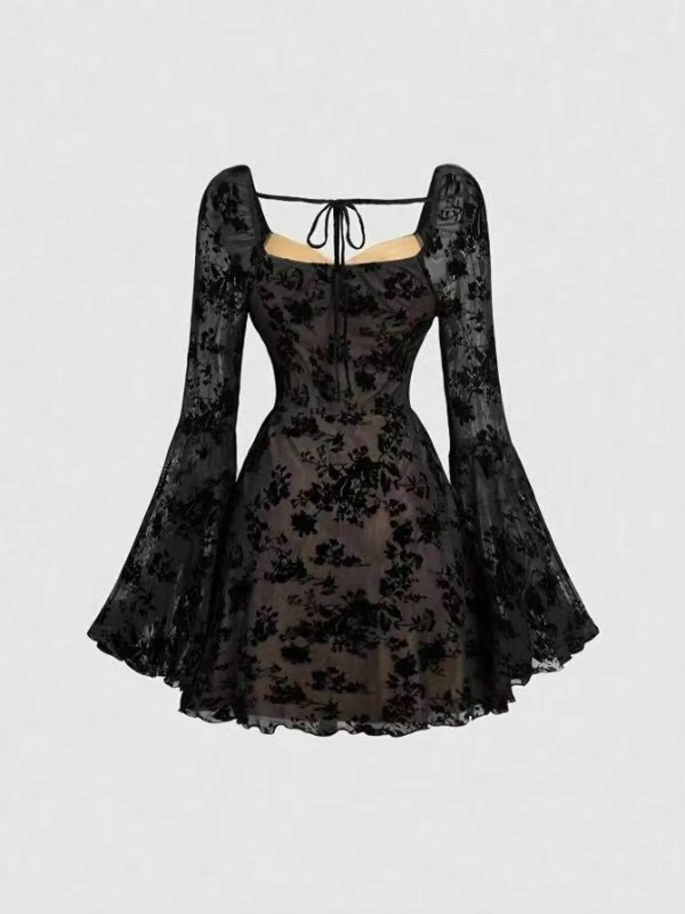 Elegant Lace Flare Sleeve Mini Dress with Tied Detail – Perfect for Any Occasion