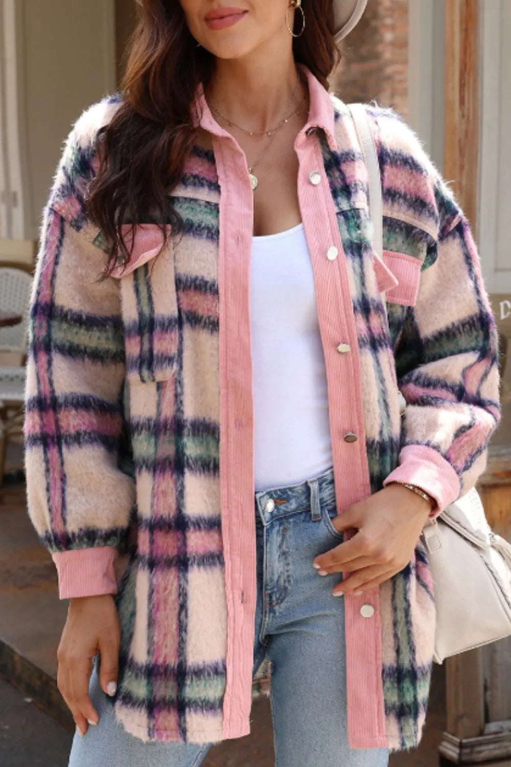 Fuzzy Plaid Corduroy Patchwork Shacket with Pockets – 100% Polyester, Normal Thickness