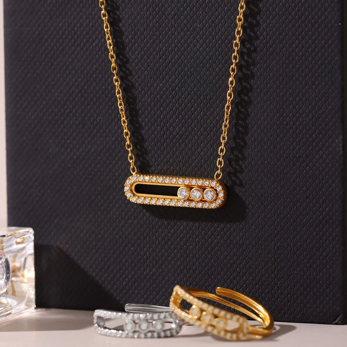 Elegant 2-Piece Moving Crystal Bar Necklace and Ring Jewelry Set in Platinum and Gold