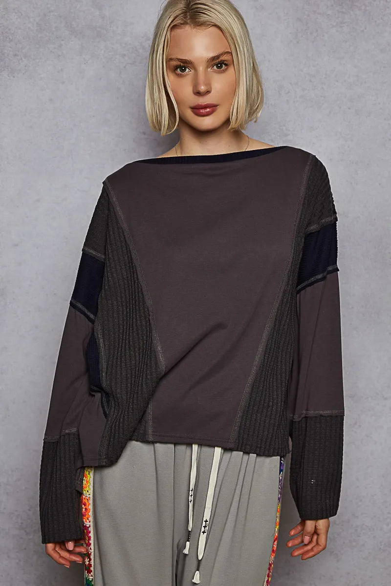Trendy POL Contrast Round Neck Long Sleeve T-Shirt with Multi-Texture Design and Oversized Fit