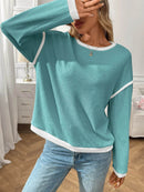 Slightly Stretchy Ribbed Long Sleeve Top with Contrast Trim - Elegant Basic Style - Store 42