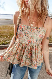 Floral Spaghetti Strap Peplum Cami Top - 100% Cotton, Opaque, Basic Style, Trendy Summer Wear - Store 42