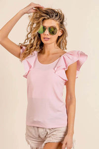 BiBi Wide Layered Ruffle Sleeve Scoop Neck Ribbed Top - Store 42