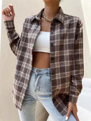Oversized Plaid Button-Up Shirt Brown