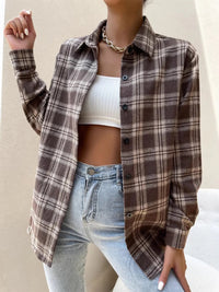 Oversized Plaid Button-Up Shirt Brown