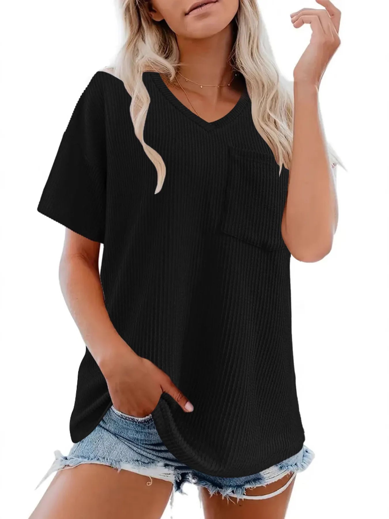 Ribbed V-Neck Oversized T-Shirt