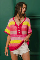 BiBi Multi Color Stripe Hacci Button Detail Ringer Top - Store 42
