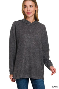 Zenana Hooded Brushed Melange Hacci Sweater BLACK