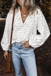 Eyelet V-Neck Long Sleeve Blouse White