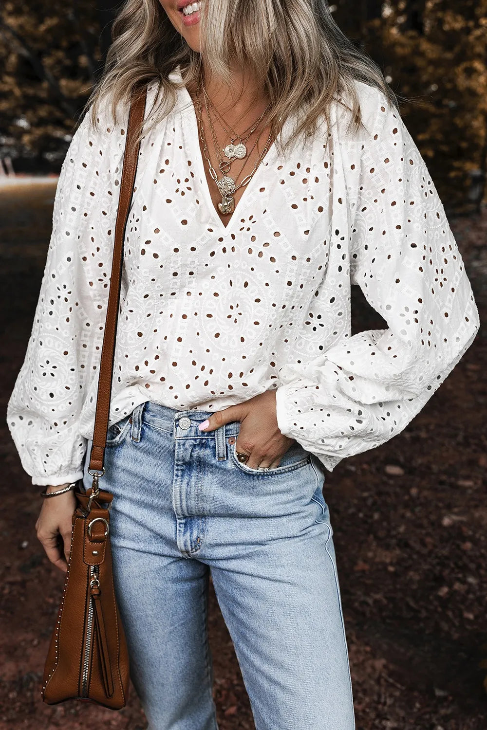 Trendsi Eyelet V-Neck Long Sleeve Blouse in 100% Cotton with Cutout Detail and Opaque Sheer