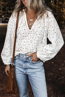 Eyelet V-Neck Long Sleeve Blouse White
