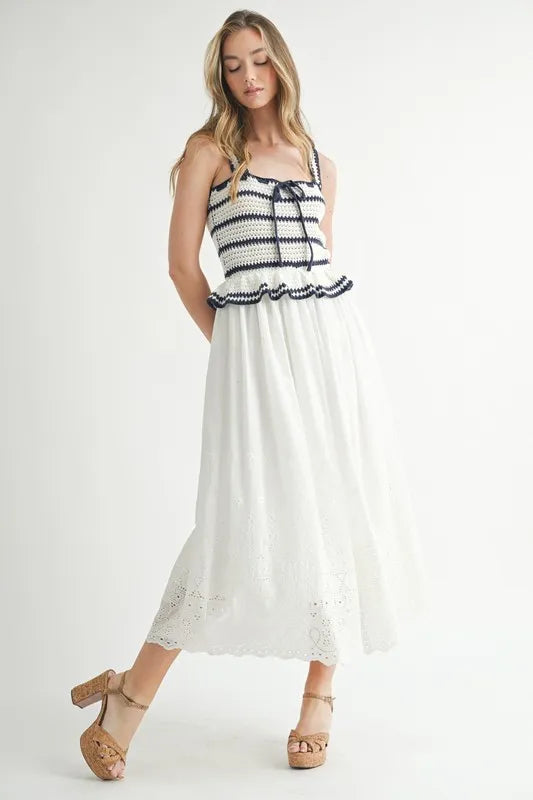 MABLE Midi Dress With Crochet Stripes And Eyelet Mix - Stylish Tied Ruffled Design