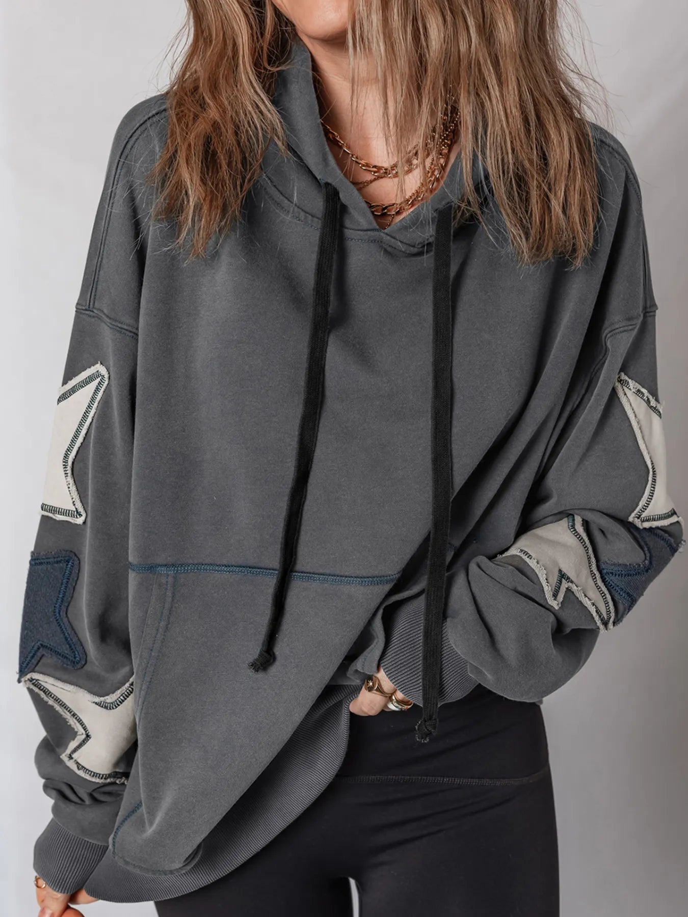 Star Patchwork Contrast Stitching Mineral Wash Kangaroo Pocket Hoodie