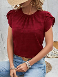 Slightly Stretchy Round Neck Ruched Petal Sleeve Top - 95% Polyester, 5% Spandex - Store 42