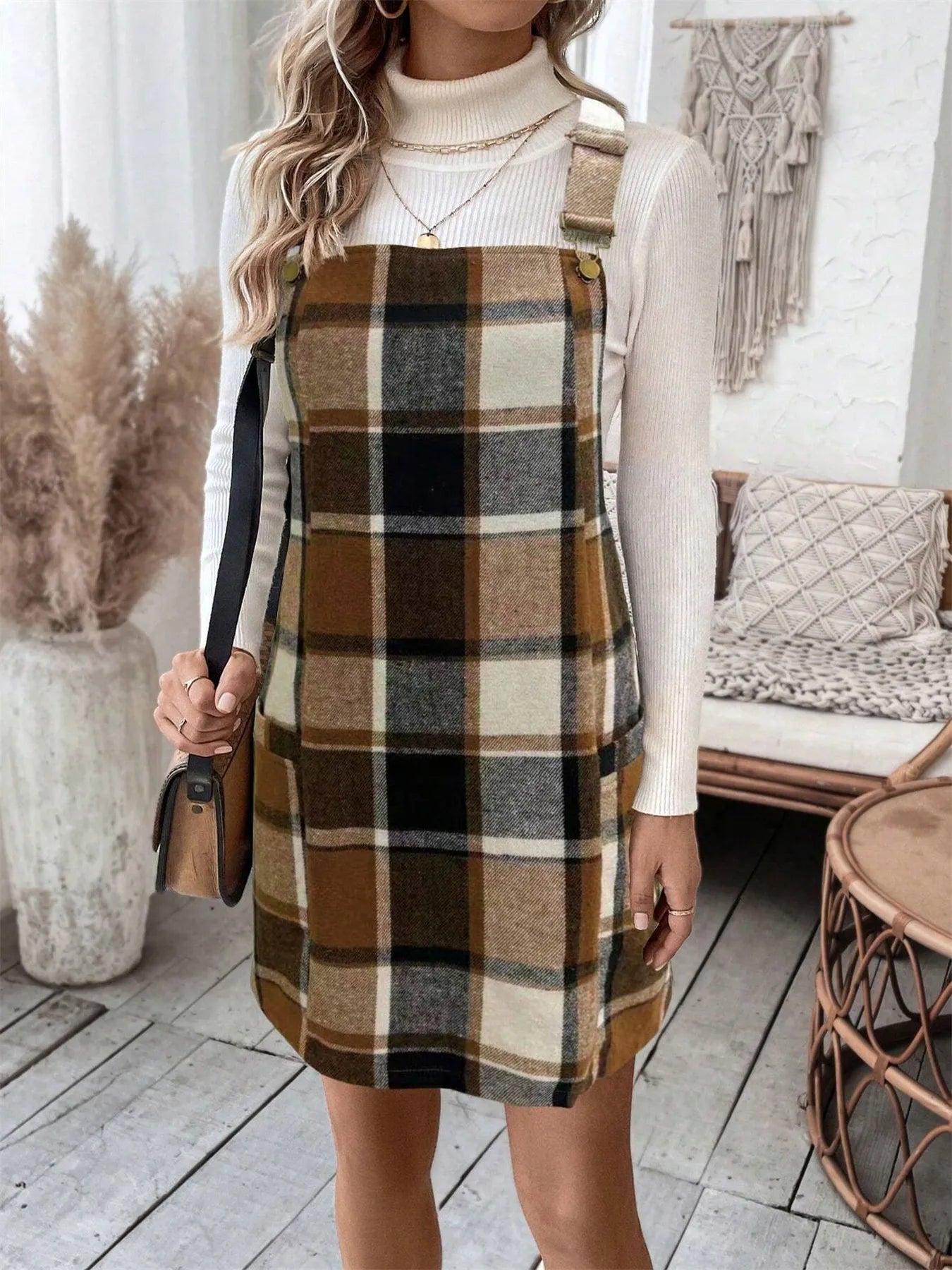 Plaid Square Neck Mini Dress