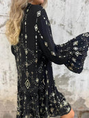 Full Size Printed Notched Flare Sleeve Dress Plus Size - Store 42