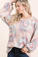 BiBi Pastel Tie Dye Top with Puff Sleeves - Soft Cotton, Relaxed Fit, Casual Chic Style - Store 42