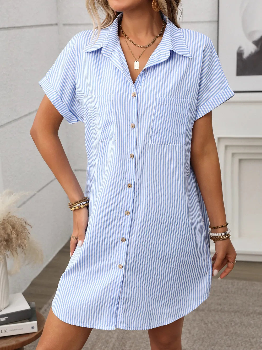 Striped Button Down Short Sleeve Mini Dress