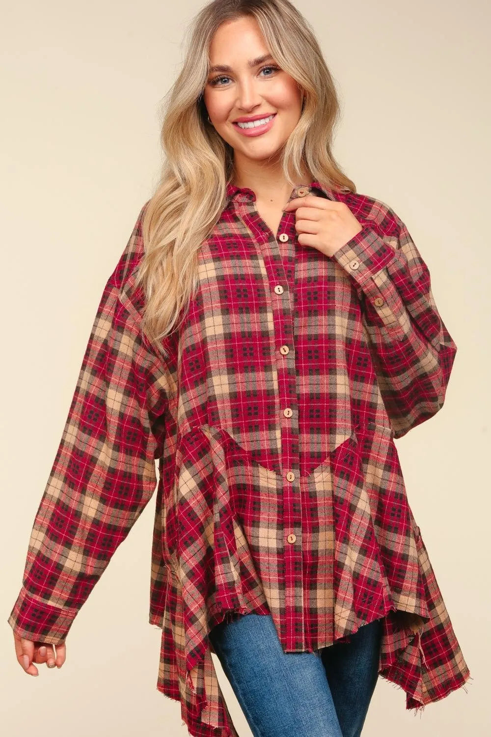Trendy Haptics Plaid Button Down Tunic Shirt with Sharkbite Hem for Casual Elegance