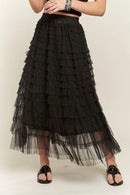 ADORA Elastic Waist Layered Mesh Midi Skirt Black
