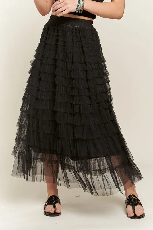 ADORA Layered Mesh Midi Skirt with Elastic Waistband for Comfortable Fit - Opaque Lined Design