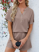 Casual Button Detail Ribbed Top and Shorts Two-Piece Set Mocha