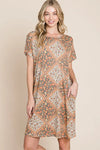 BOMBOM Multicolored Leaves Jacquard Dress Camel