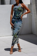 Backless Printed Halter Neck Dress Dusty Blue
