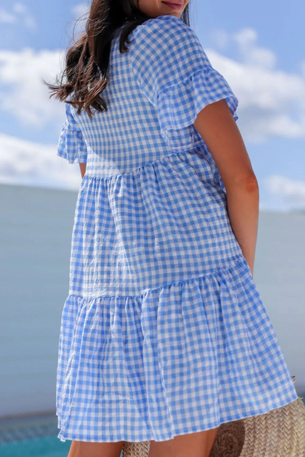 Gingham Short Sleeve Button Tie Split Neck Loose Mini Dress