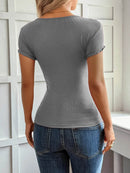 Lace Detail Short Sleeve T-Shirt with Buttoned Closure - Stretchy Polyester Blend Top - Store 42