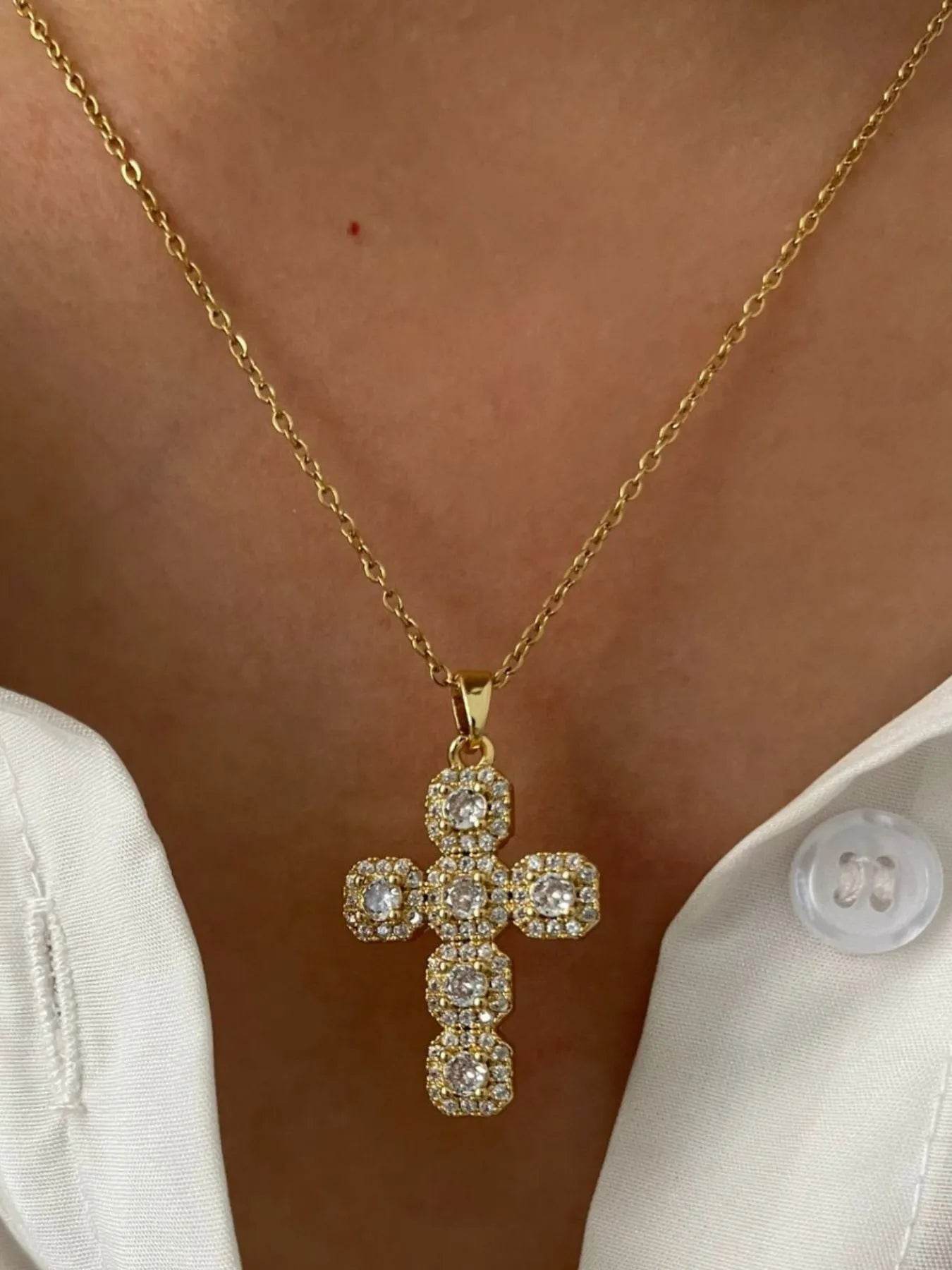Elegant Stainless Steel Zircon Cross Necklace with 14K Gold-Plated Finish - 18.1 Inch Chain