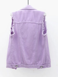 Full Size Button Down Raw Hem Sleeveless Denim Jacket Plus Size