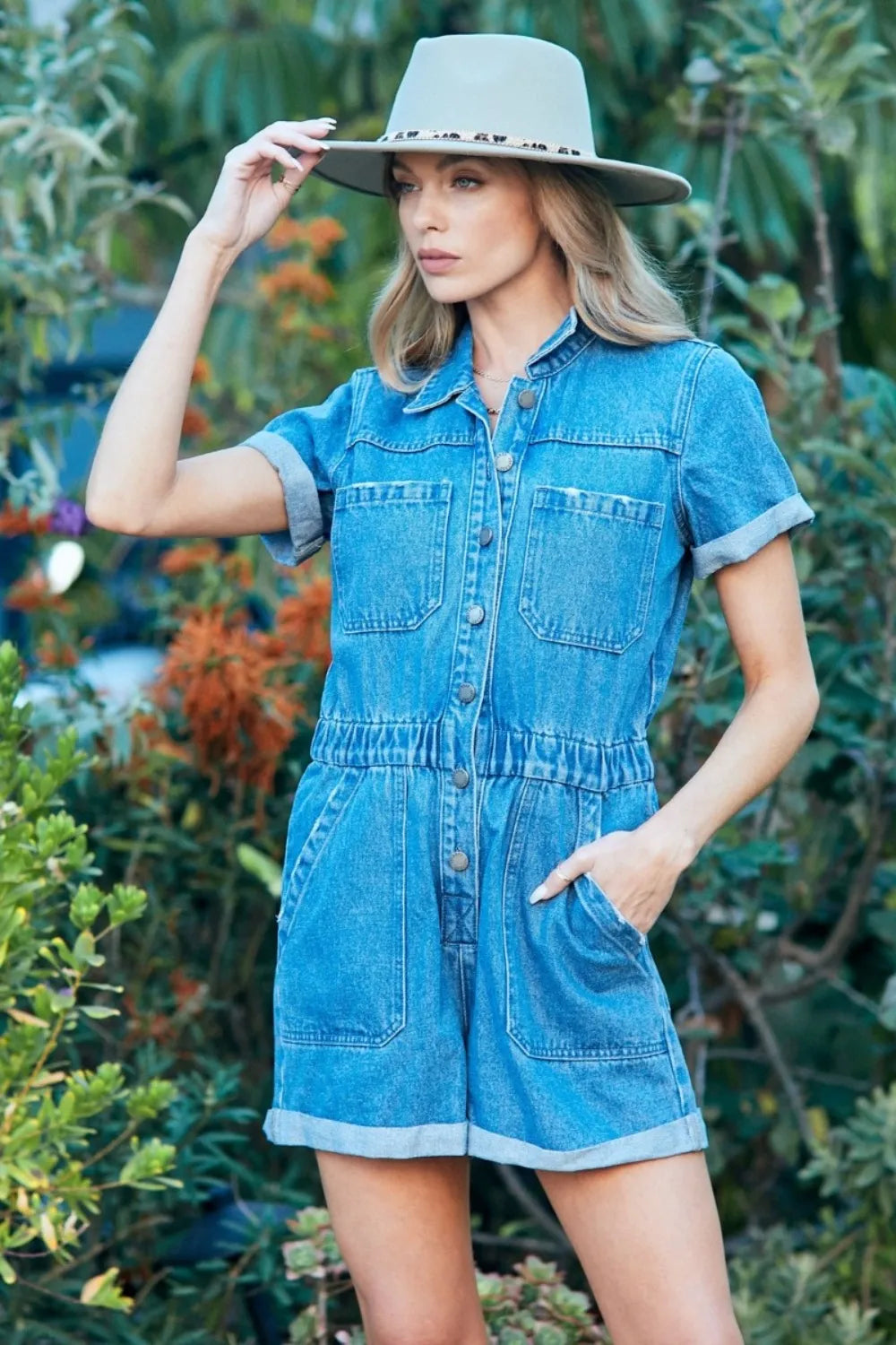 Trendy Veveret 100% Cotton Denim Romper with Elastic Waistband for Comfortable Fit