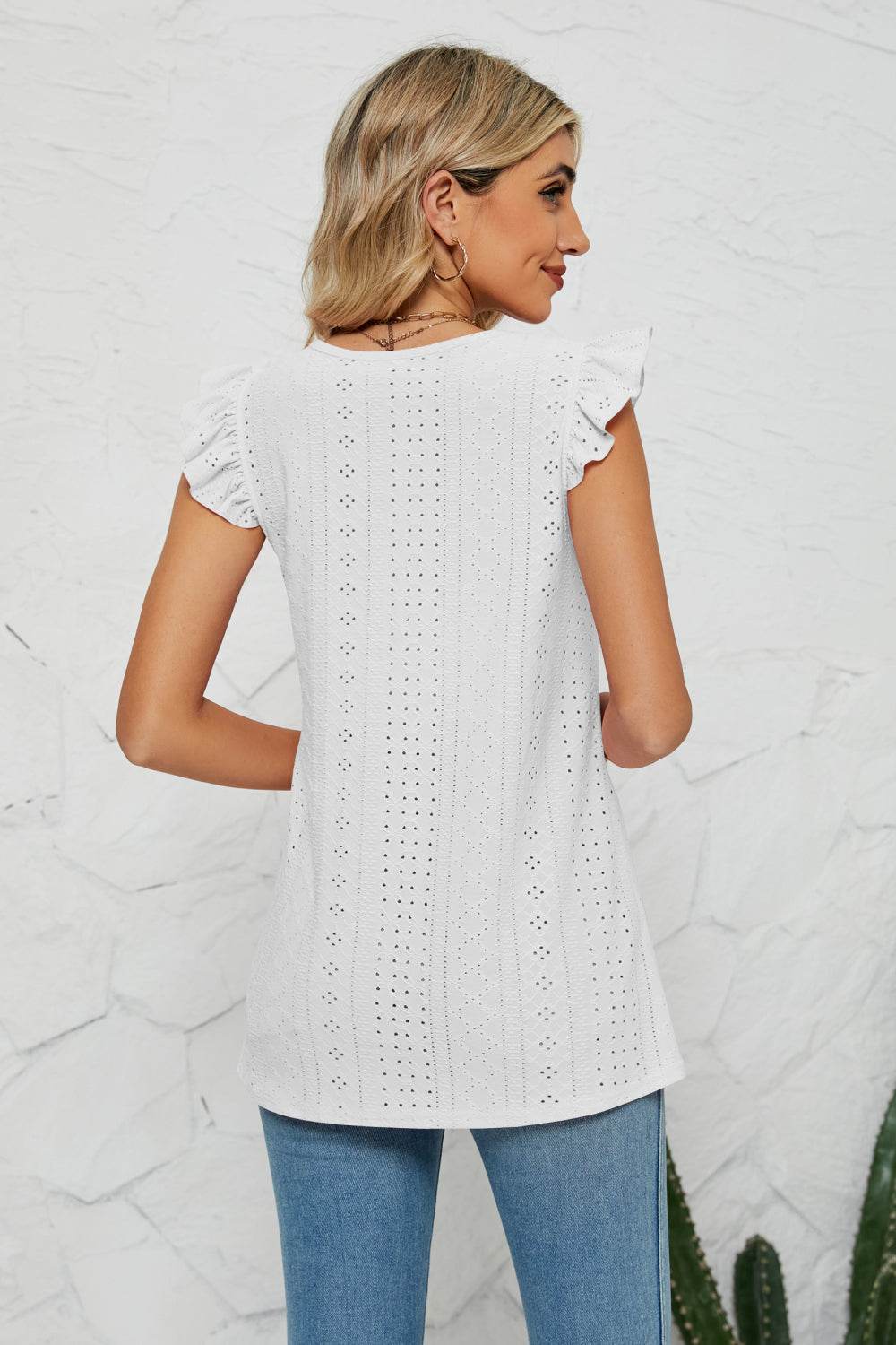 Trendy Smocked Round Neck Eyelet Top with Cap Flutter Sleeves - Casual Long Length Blouse