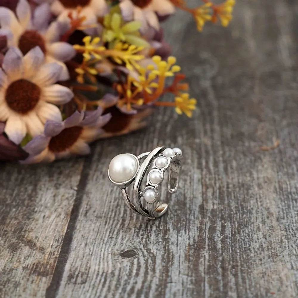 Elegant Alloy Three-Layer Open Ring with Synthetic Pearl and Rhinestones