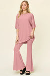 Double Take Full Size Round Neck Drop Shoulder T-Shirt and Flare Pants Set Dusty Pink